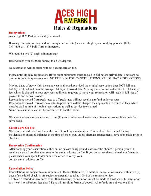 ACES HIGH RV PARK | RULES | REGULATIONS